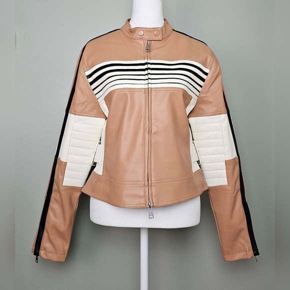 Vegan Leather Striped Color-block Moto Jacket Brown White MEDIUM - Picture 6 of 14